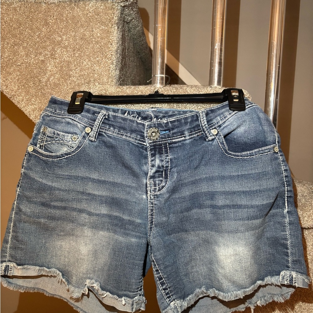Distressed Blue Jean Shorts with Frayed Hem